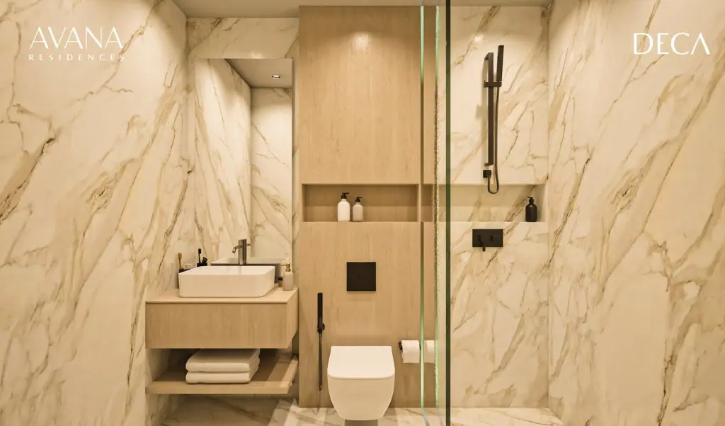 Modern marble bathroom in an Avana apartment