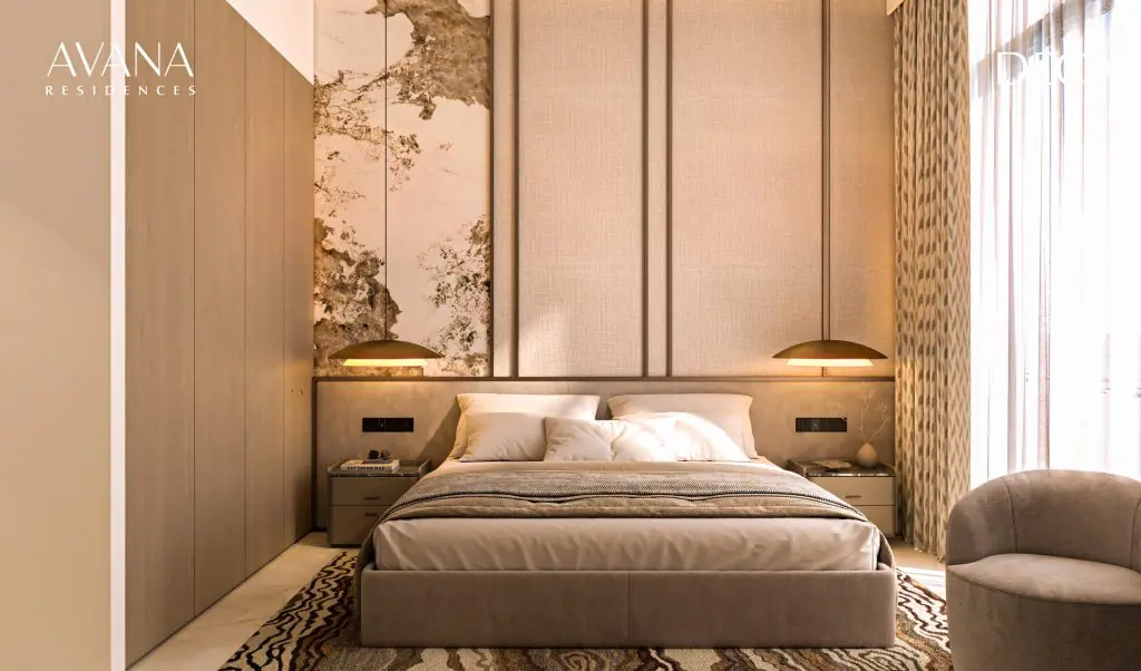 Elegant bedroom with high-end finishes at Avana Residences